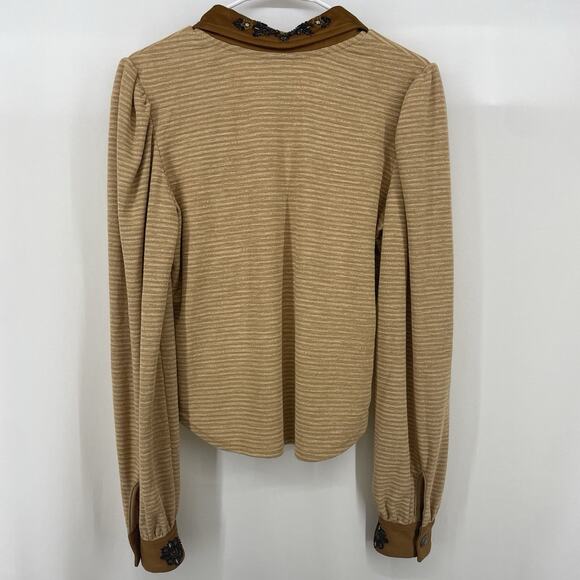 Double D Ranch Size M Trails End Top Long Sleeve Beaded Embellished Tan Western - Picture 6 of 11